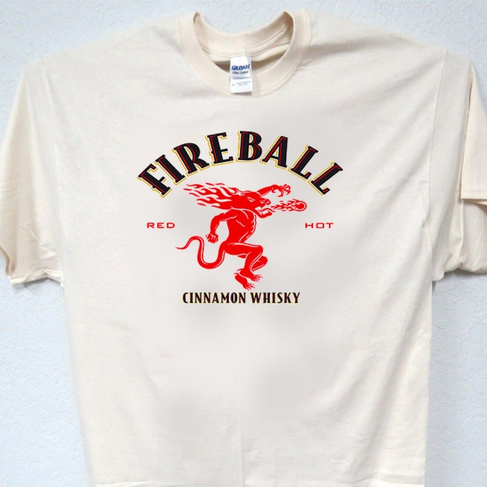 FIREBALL CINNAMON WHISKY, RED HOT! MENS IVORY TEE T-1175